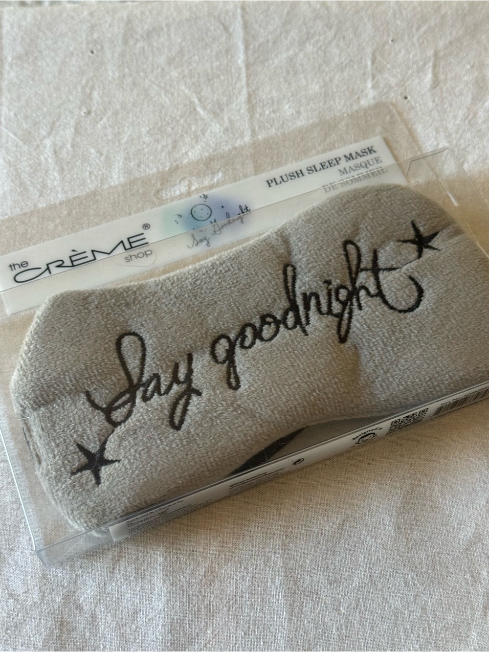 The Crème Shop Say Goodnight Plush Sleep Eye Mask Gray New in Box